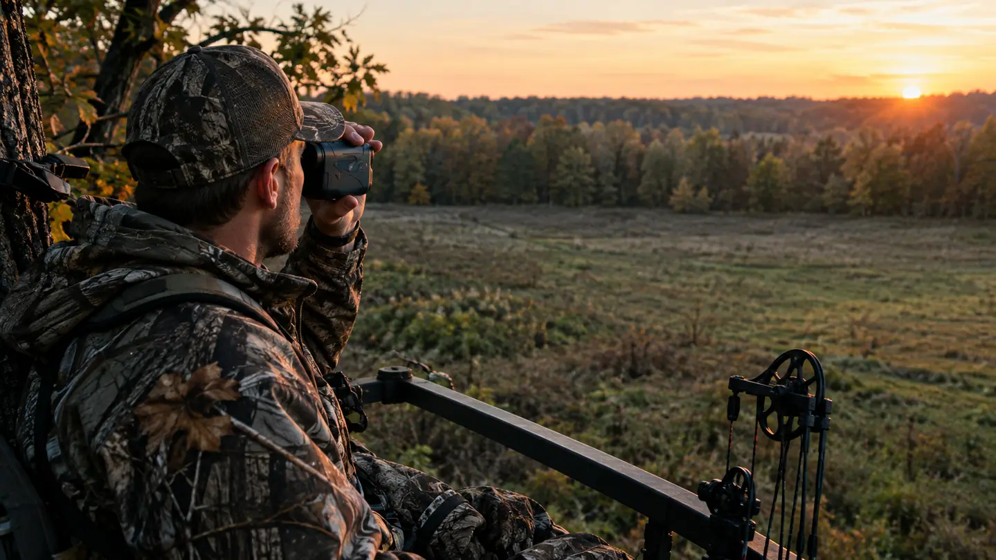 A hunter in a ladder stand overlooking a field at dawn, rangefinder in hand