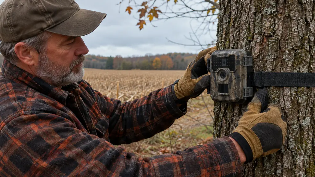 A hunter in a flannel coat and gloves strapping a trail camera to a tree trunk at the edge of a field
