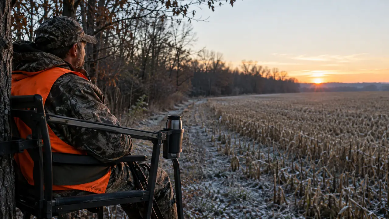 A hunter in a ladder stand at the corner of a picked field at first light, thermos in the cup holder