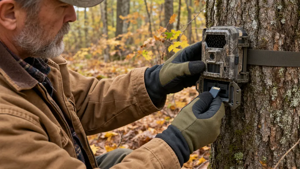 A hunter's gloved hand taking an SD card out of a trail camera mounted on a tree in autumn woods