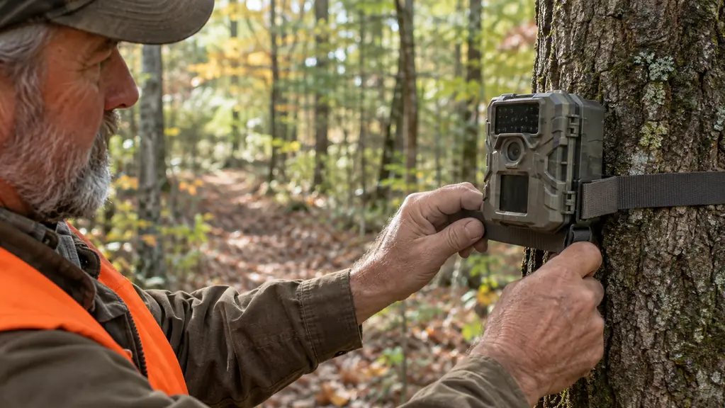 A hand fastening a trail camera to a tree trunk with a nylon strap
