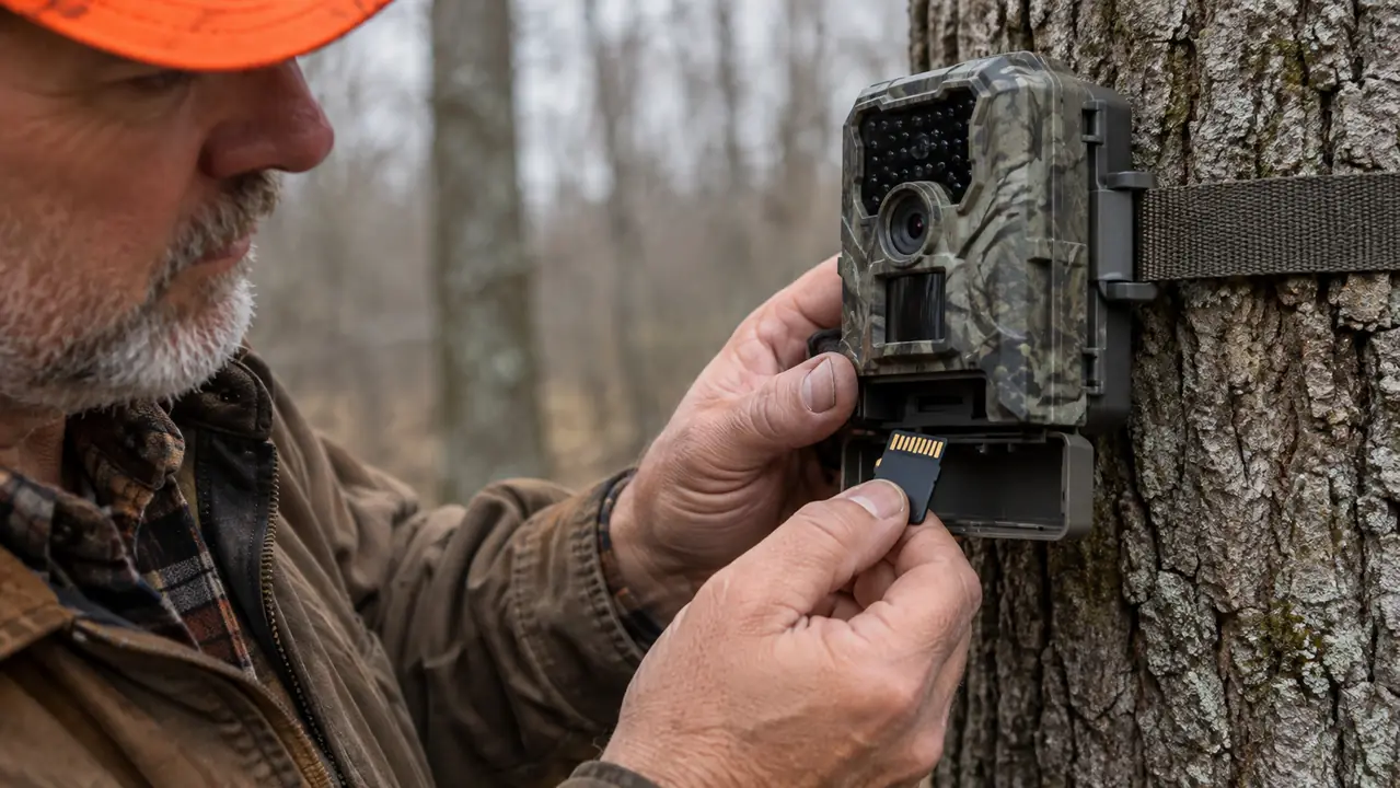 A hand removing an SD card from a trail camera mounted on a tree