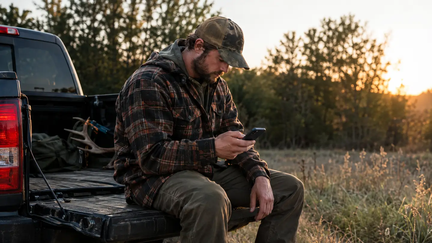 A hunter sitting on the tailgate of a pickup truck looking at a phone, late afternoon light